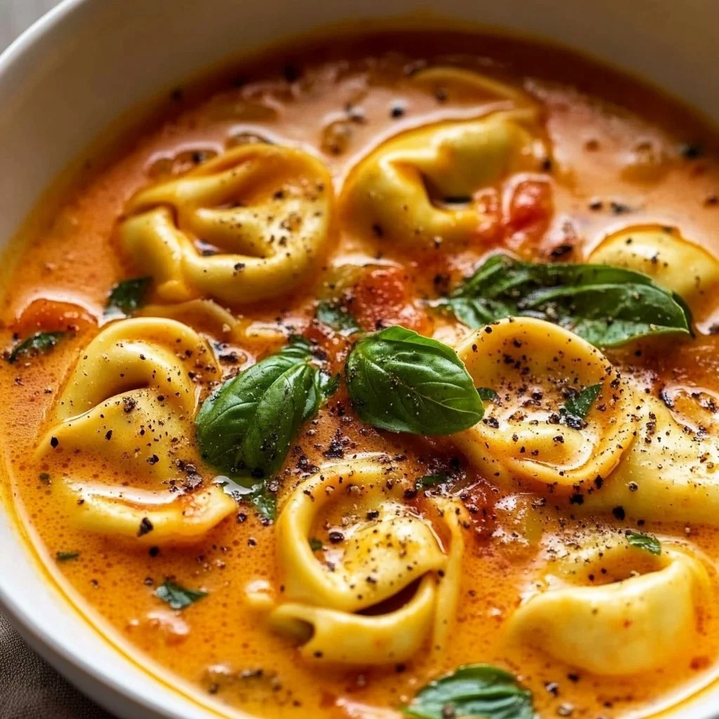 Bowl of cheesy Tomato Tortellini Soup garnished with fresh herbs