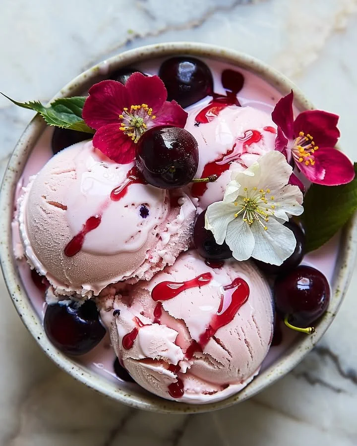 Cherry blossom ice cream with pink petals and creamy texture in a bowl