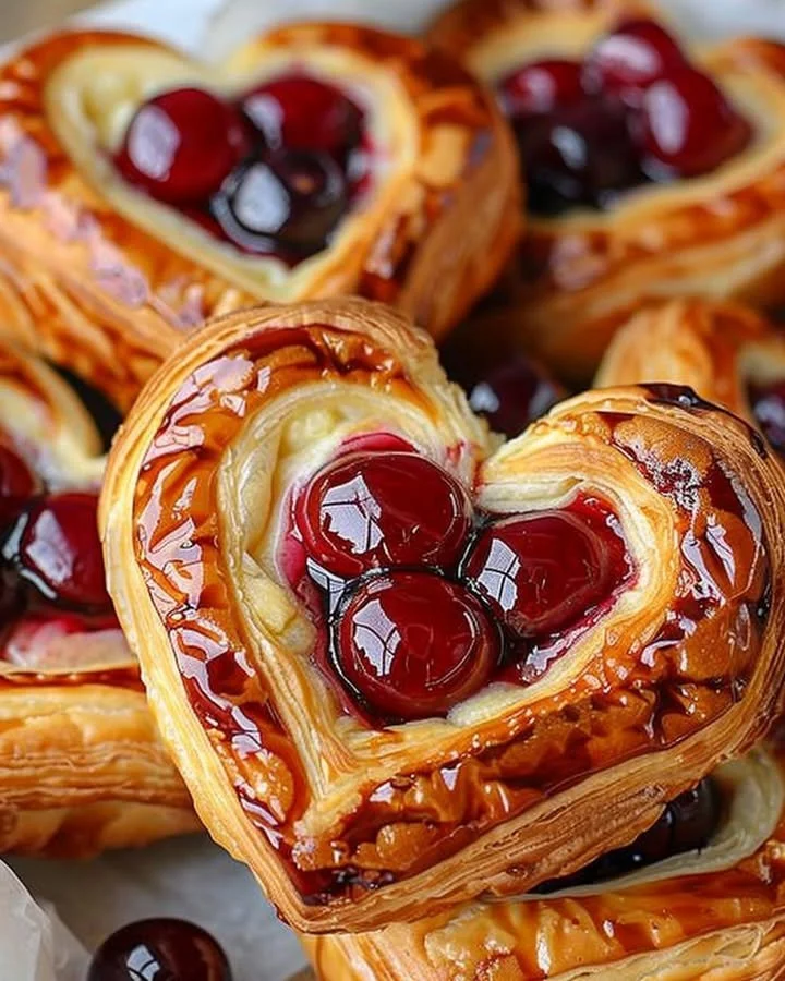Freshly baked Cherry Cheese Danish topped with cherries and cream cheese