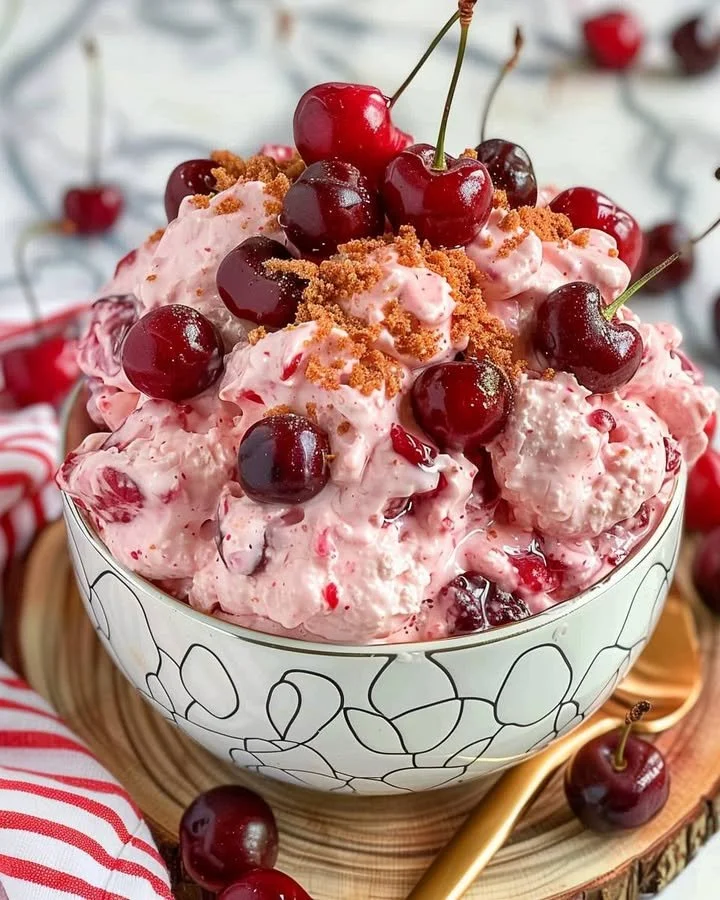 Fluffy cherry cheesecake cloud dessert topped with fresh cherries