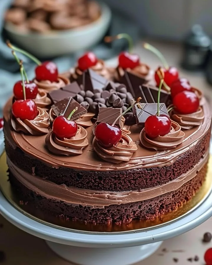 Sliced Cherry-Chocolate Delight Cake with fresh cherries on top