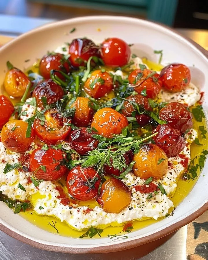 Plate of cherry tomato confit with creamy whipped feta topping