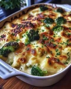 Creamy Chicken and Broccoli Baked Alfredo in a casserole dish