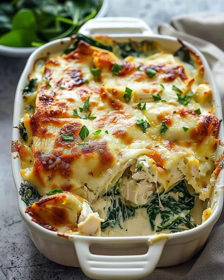 Creamy chicken and spinach casserole topped with cream cheese