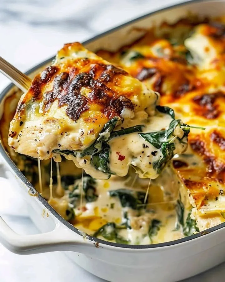 Creamy Chicken Spinach Casserole with Cream Cheese served in a dish