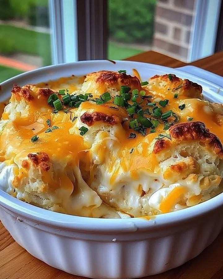 Delicious Chicken Biscuit Casserole fresh out of the oven