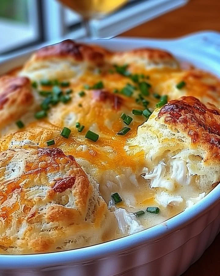 Delicious Chicken Biscuit Casserole topped with golden biscuits