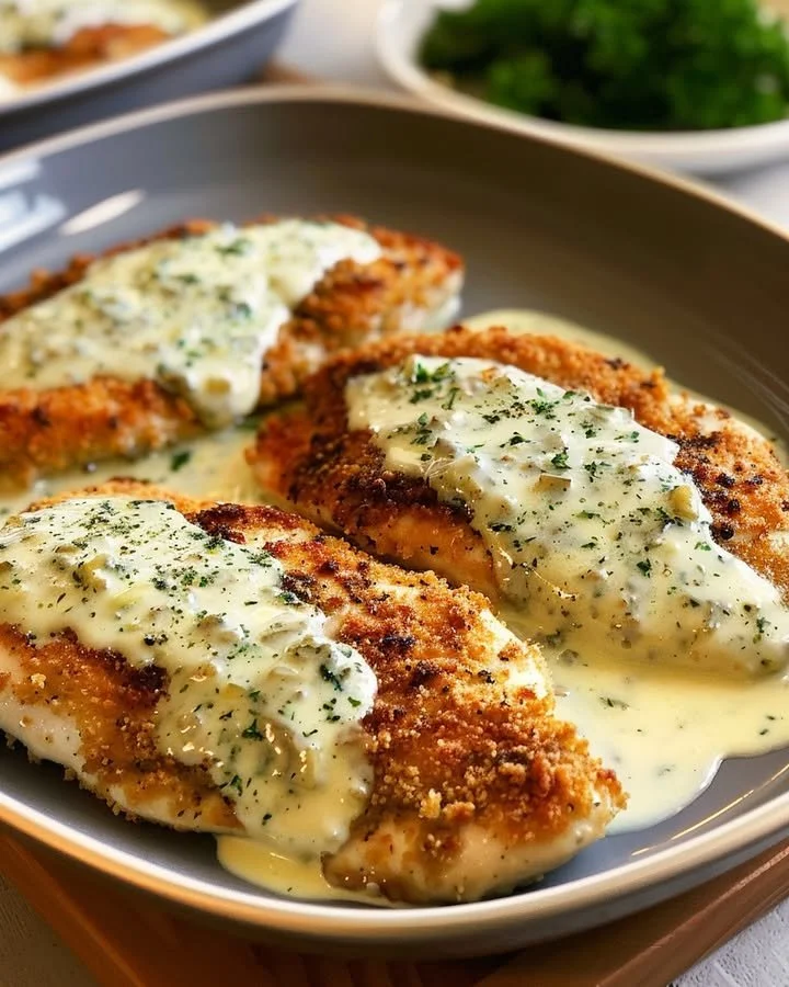 Delicious Chicken in Basil Cream Sauce plated with fresh basil leaves