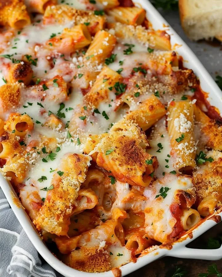 Baked Chicken Parmesan Rigatoni with marinara and melted cheese in a casserole dish