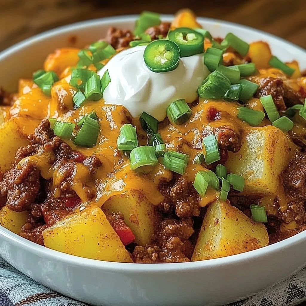 Chili Cheese Potato Skillet topped with cheese and chili in a cast iron pan