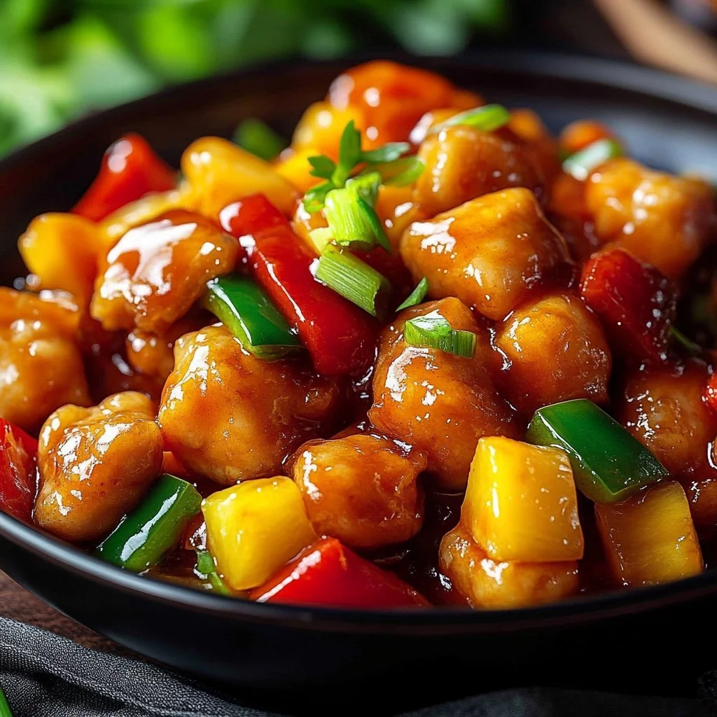 Delicious Chinese Sweet and Sour Chicken served with colorful vegetables
