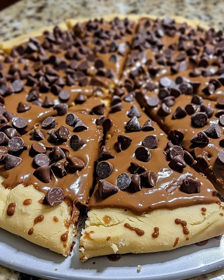 Chocolate Chip Cookie Dough Pizza topped with chocolate chips and cookie dough bites
