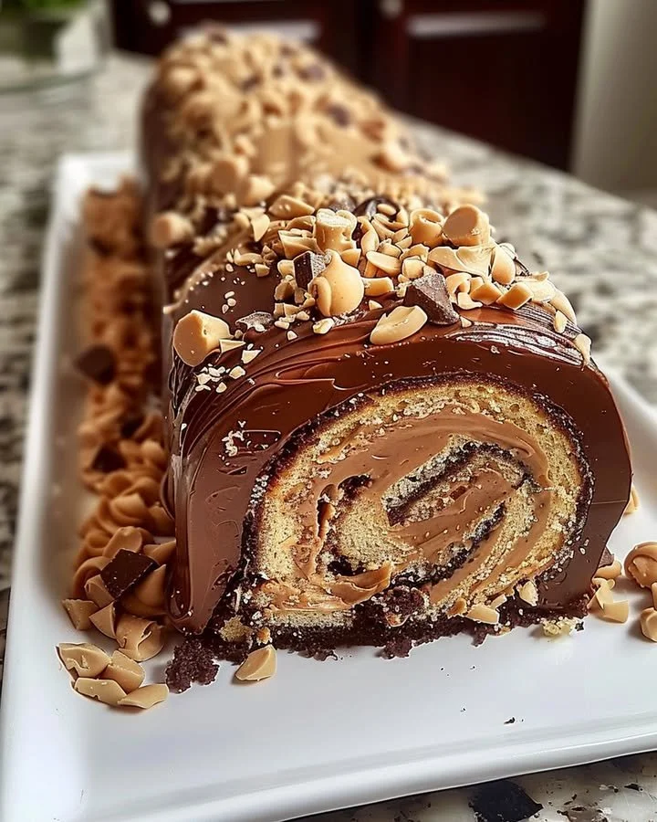 Chocolate Peanut Butter Cake Roulade with a rich chocolate and peanut butter filling.
