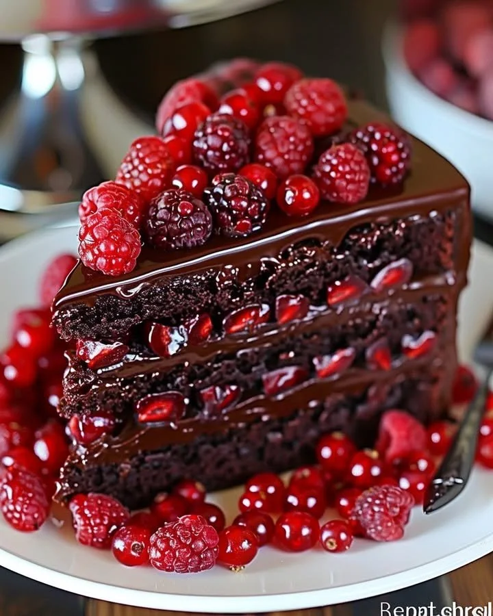 Delicious Chocolate Raspberry Truffle Cake with rich chocolate and raspberry layers