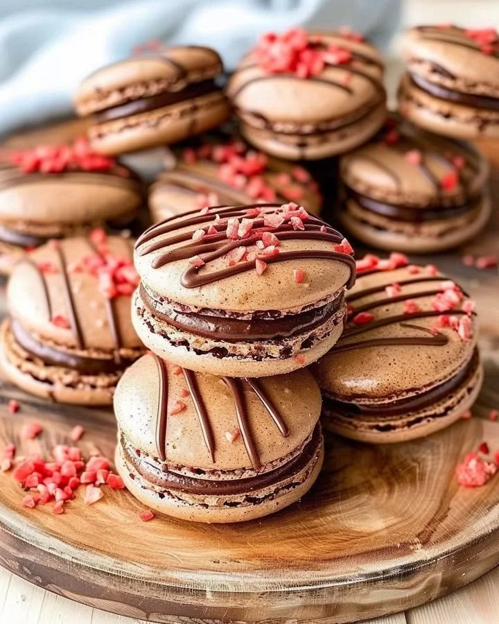 Chocolate Strawberry Macarons arranged on a plate
