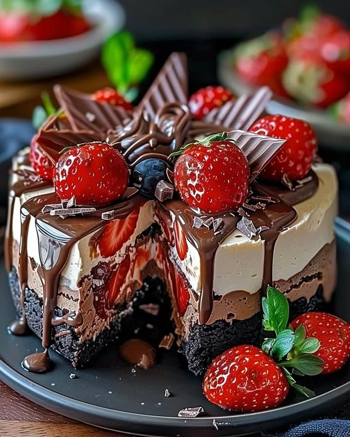 Delicious Chocolate Strawberry Swirl Cheesecake on a white plate