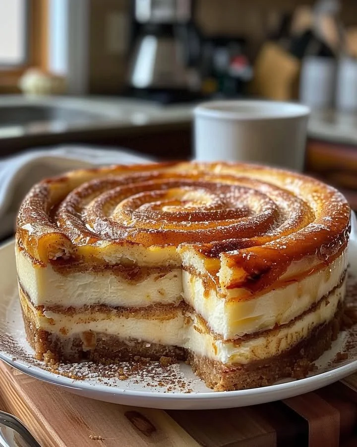 Delicious cinnamon roll honeybun cheesecake slice topped with cinnamon and icing