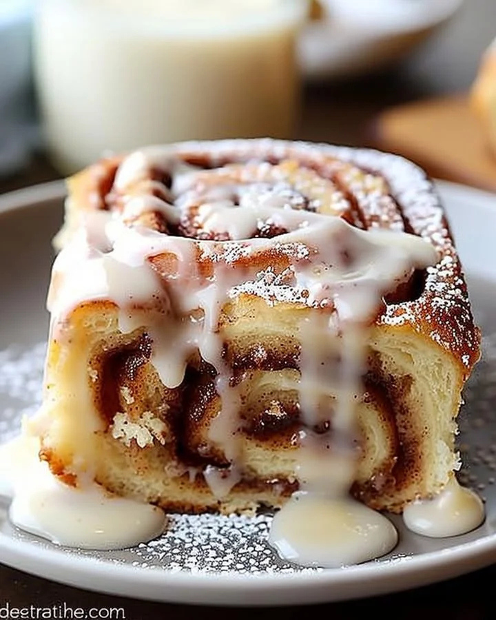 Decadent Cinnamon Roll Poke Cake topped with cream and cinnamon swirl