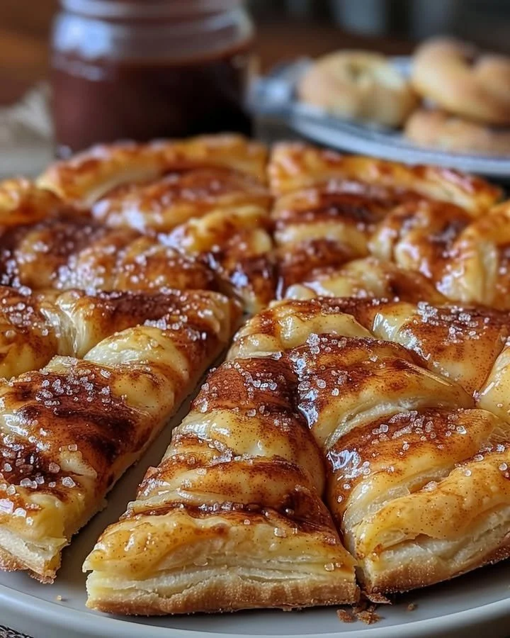 Delicious cinnamon-sugar pizza made with crescent rolls, topped with cinnamon and sugar.