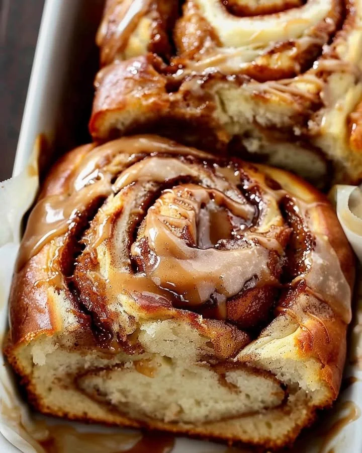 Sliced cinnamon swirl quick bread with a sweet cinnamon filling