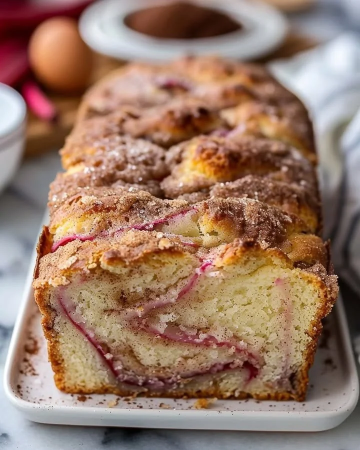 Loaf of cinnamon swirl rhubarb bread on a wooden cutting board
