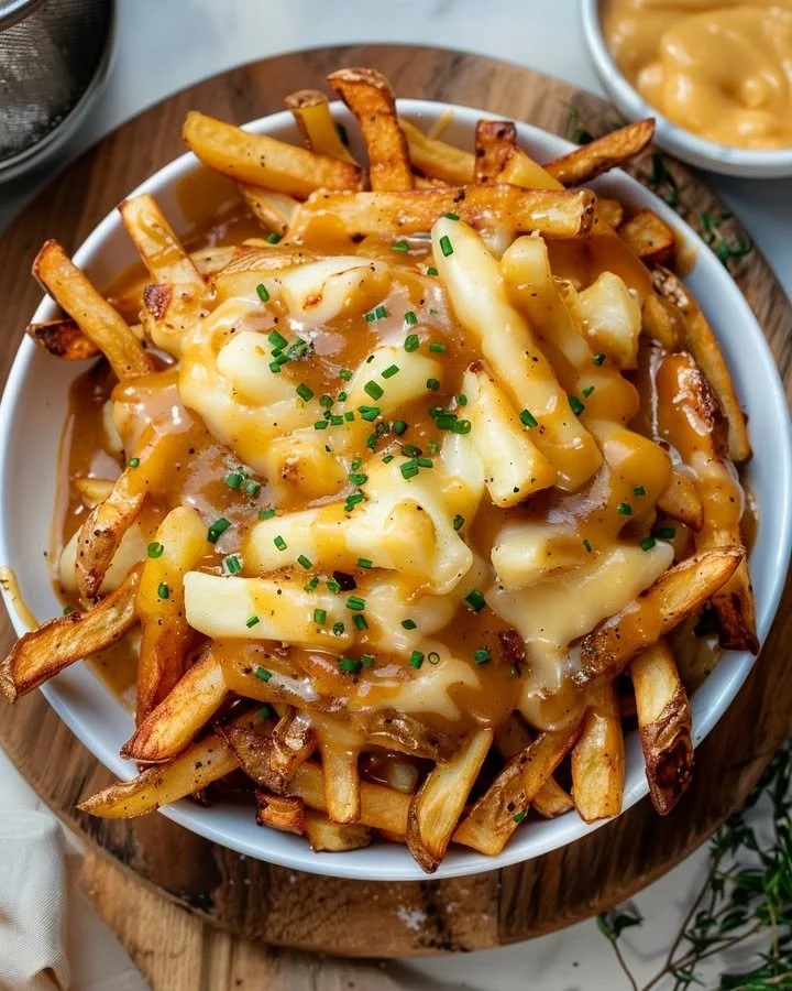 Delicious plate of classic Canadian poutine with fries, cheese curds, and gravy.
