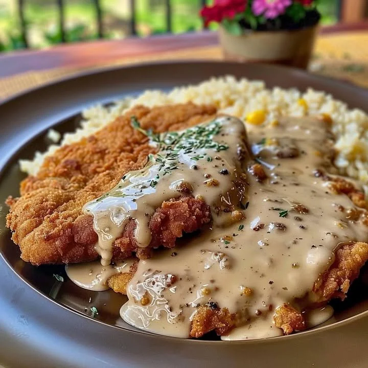 Delicious chicken fried steak with gravy on a plate