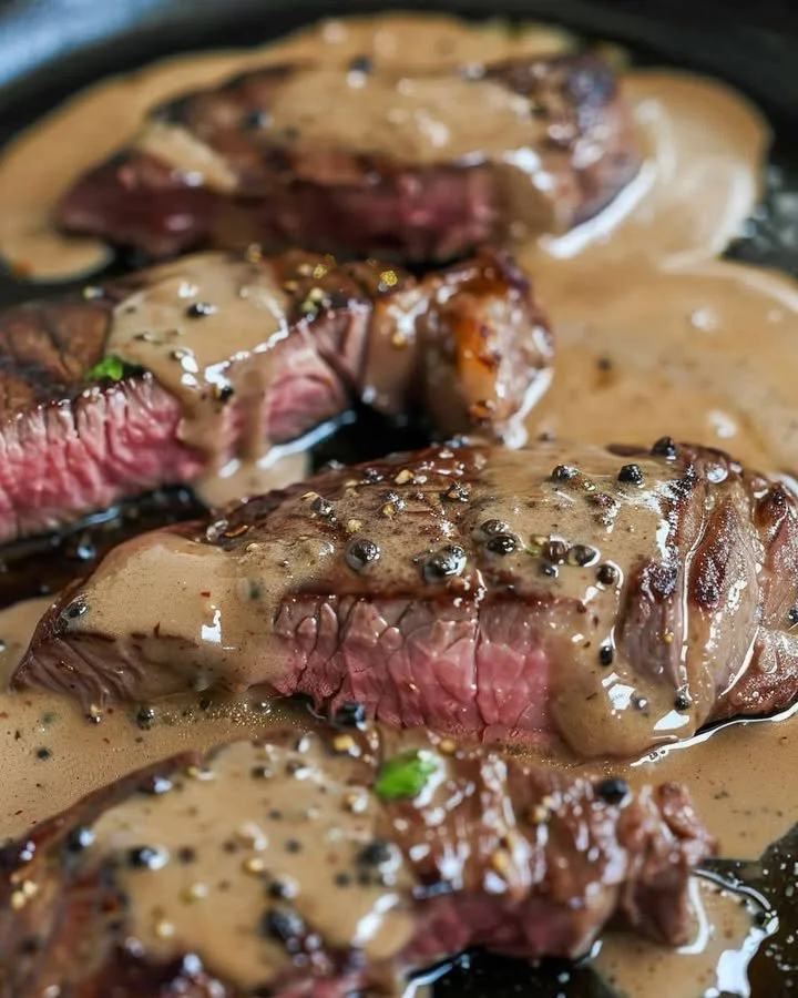 Classic Peppercorn Steak served with creamy sauce and herbs