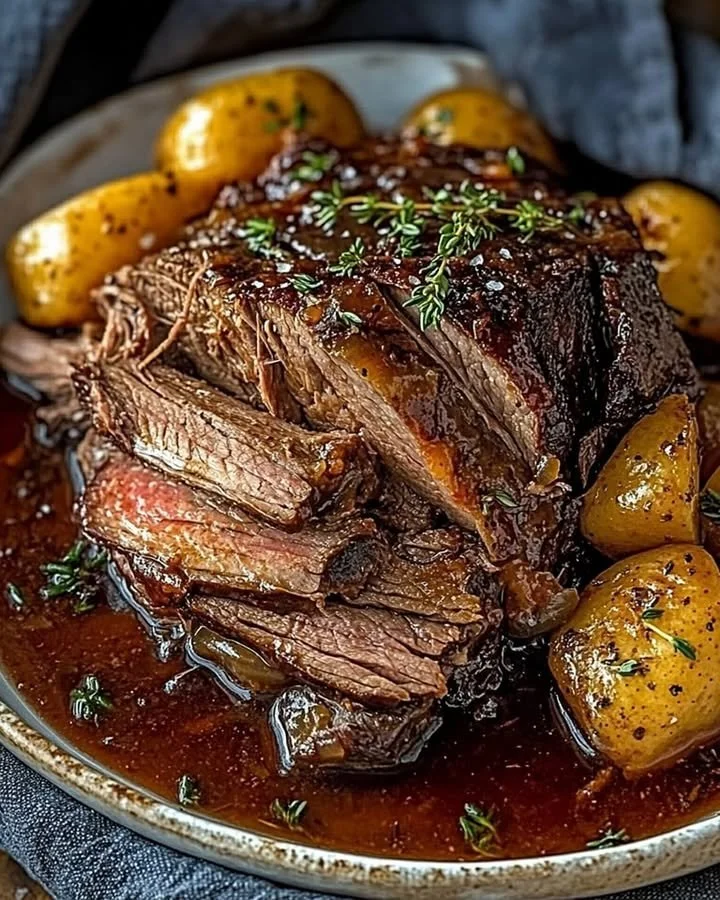 Delicious classic slow cooker pot roast with vegetables and herbs