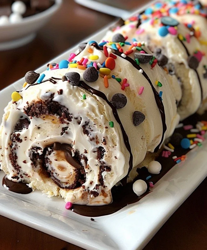 Delicious cookie dough ice cream cake rolls topped with chocolate drizzle