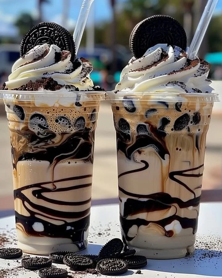 Cookies & Cream Frappuccino with whipped cream and chocolate drizzle