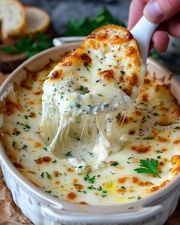 Delicious smoked mozzarella fondue served with bread for dipping