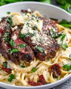 Delicious Copycat Steak Gorgonzola Alfredo dish with creamy sauce and tender steak