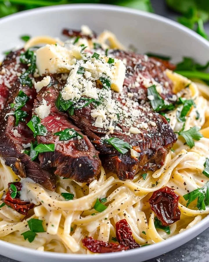 Delicious Copycat Steak Gorgonzola Alfredo dish with creamy sauce and tender steak