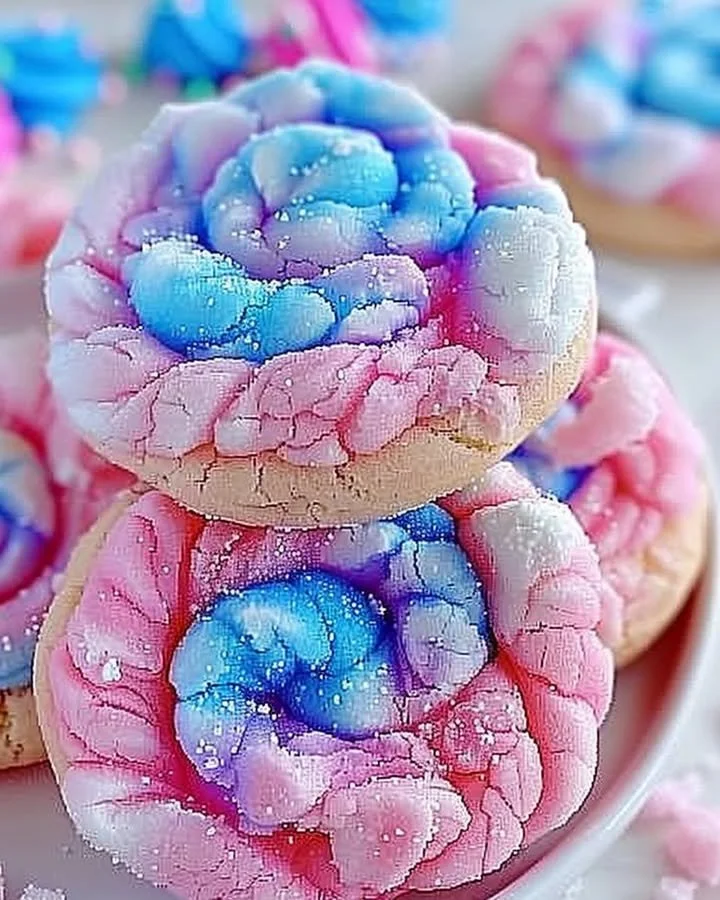 Delicious cotton candy cookies topped with colorful sprinkles on a plate