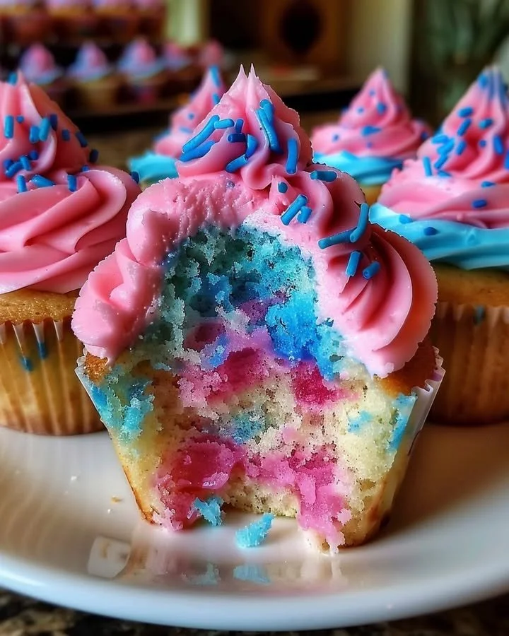Colorful cotton candy cupcakes topped with fluffy cotton candy frosting