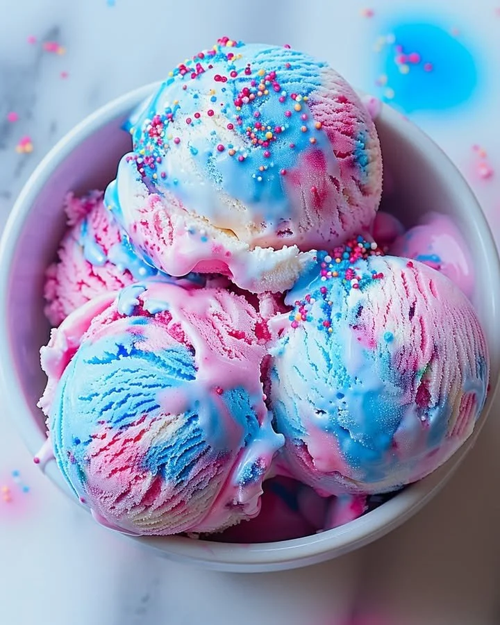 Delicious cotton candy ice cream served in a colorful cone
