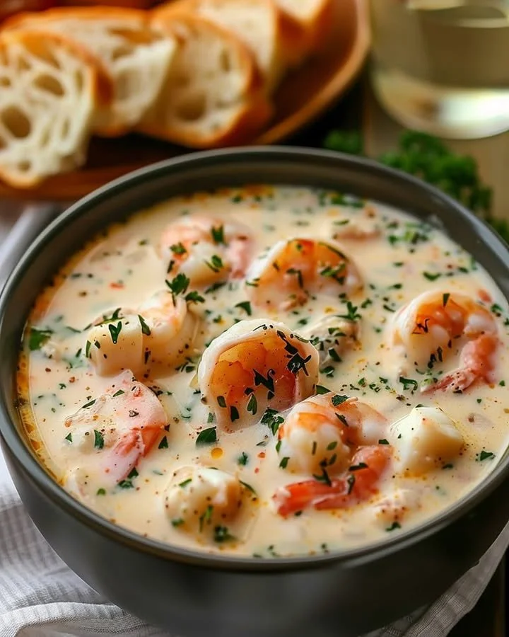 A bowl of creamy crab and shrimp seafood bisque garnished with herbs.