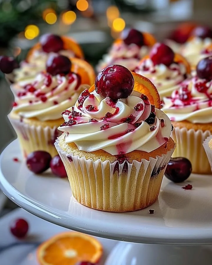Delicious cranberry orange white chocolate cupcakes on a decorative plate