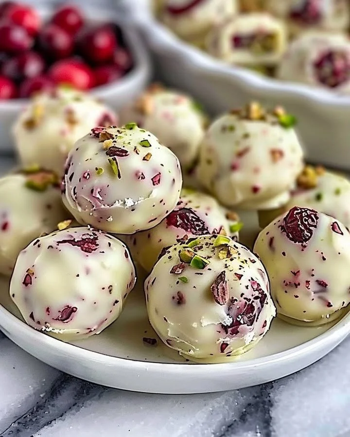 Cranberry Pistachio White Chocolate Truffles served on a plate