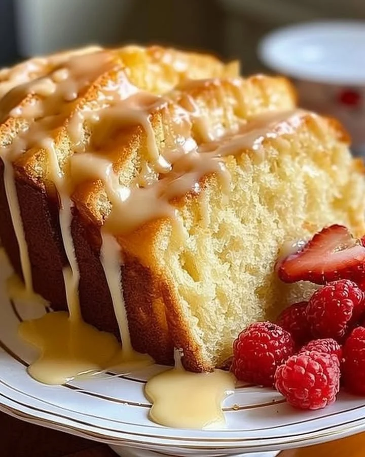 Delicious cream cheese pound cake slice on a plate with fresh berries
