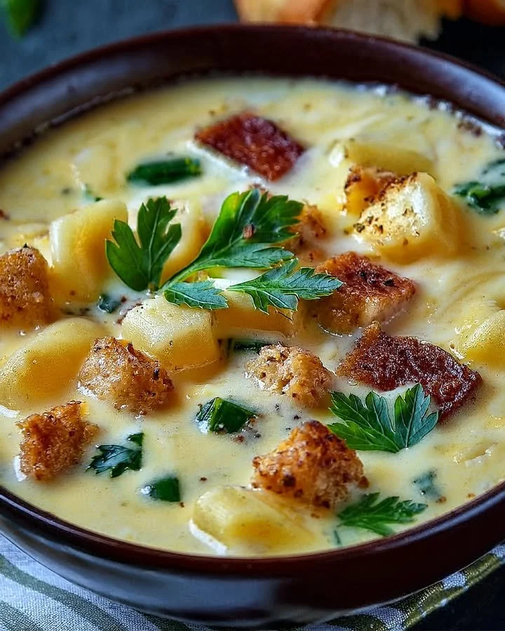 Creamy Alfredo Lasagna Soup in a bowl, garnished with parsley and mozzarella cheese.