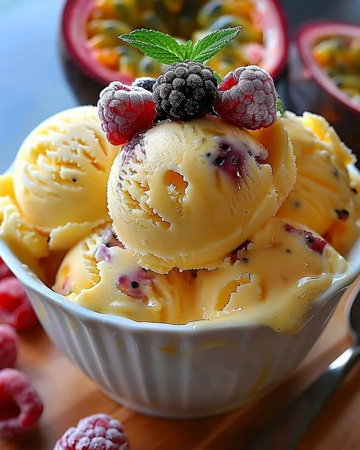 Creamy passion fruit ice cream with a tropical twist served in a bowl