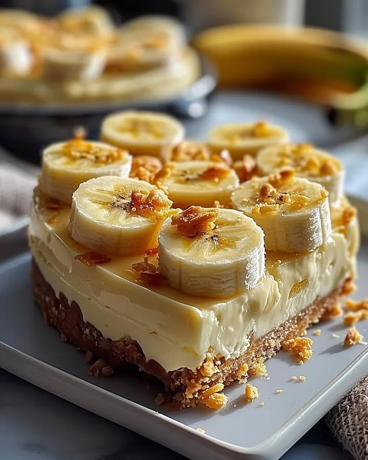 Slice of creamy banana cheesecake with fresh banana slices on top