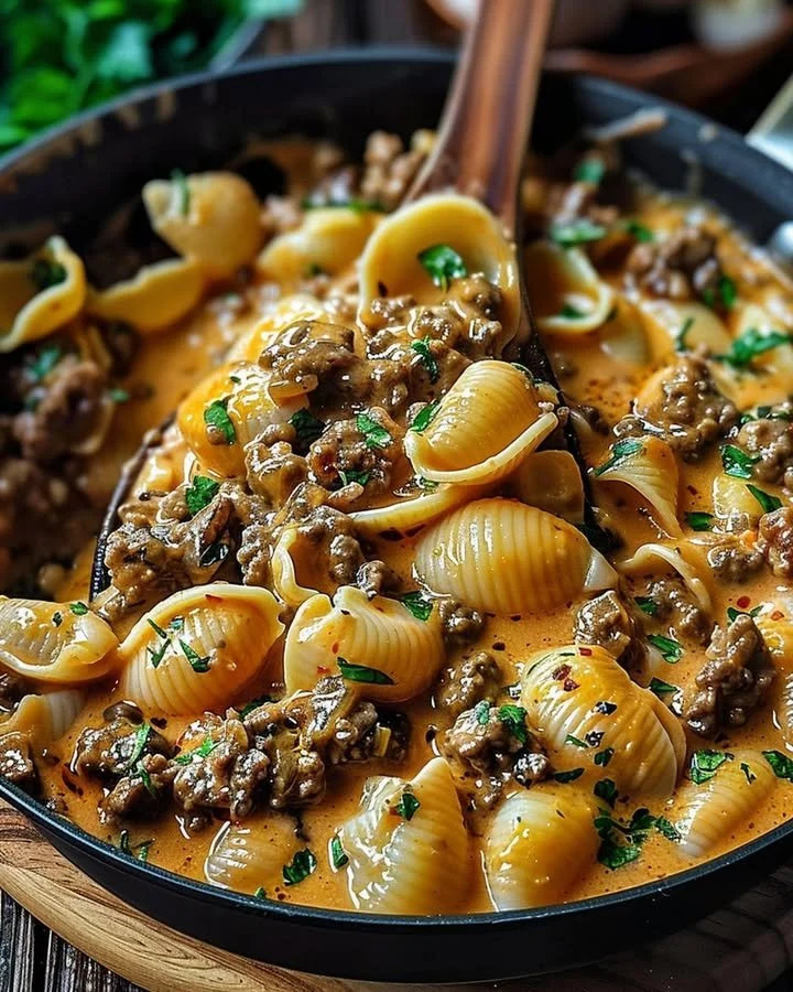 Delicious creamy beef shells casserole served in a bowl