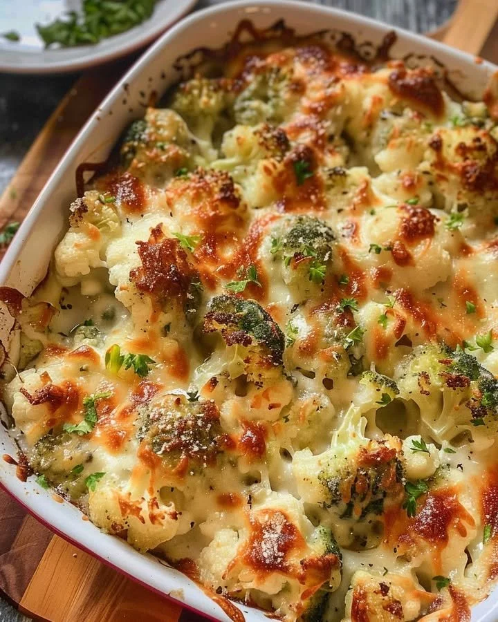Creamy broccoli-cauliflower bake topped with cheese in a baking dish.