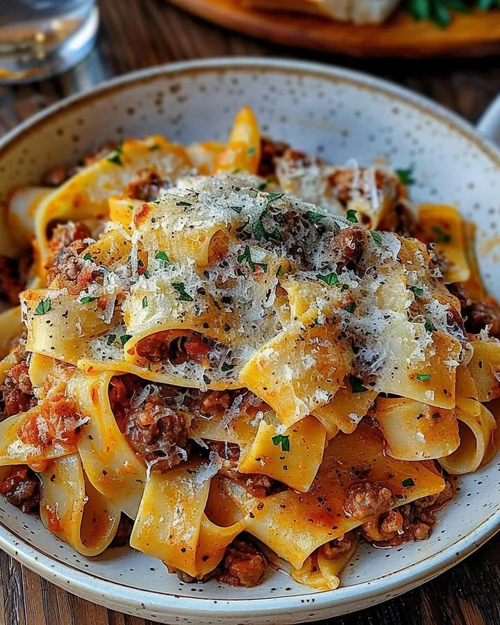 Creamy Calabrian Chili Pappardelle served with sausage and fennel