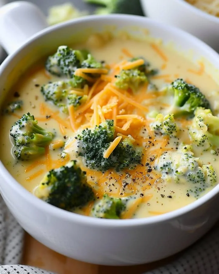 Creamy cheddar and broccoli soup in a bowl, topped with cheese and herbs.