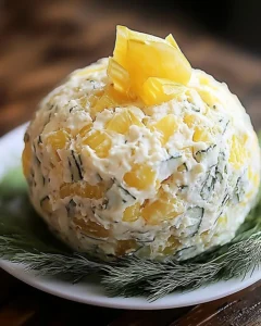 Creamy dill pickle cheese ball appetizer on a platter with crackers.