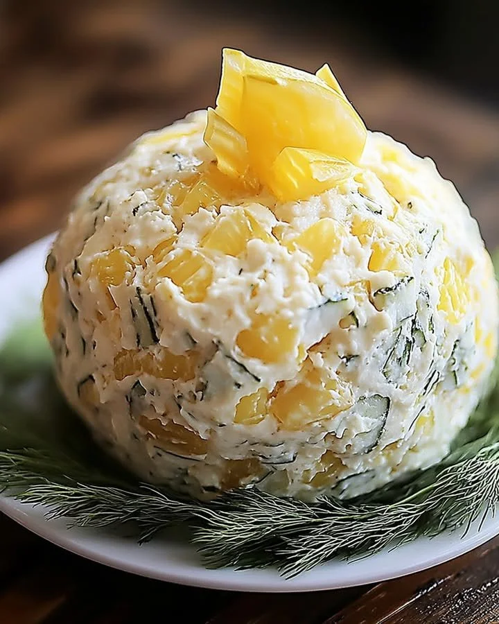 Creamy dill pickle cheese ball appetizer on a platter with crackers.